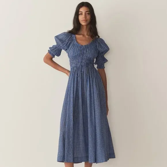 NWT Doen Ischia Cotton Voile Smocked Midi Maxi Dress Cassis Check Blue Plaid - Picture 4 of 16